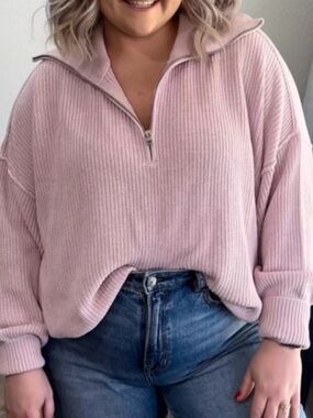 aerie Light Pink Ribbed Half-Zip Funnel Sweater